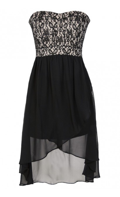Black and Nude Lace Bustier Chiffon High Low Dress